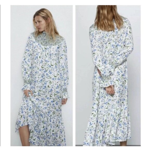 Zara Linen Blend Cottagecore Floral Long Sleeve Dress Smocked Neck size Small - Picture 3 of 11